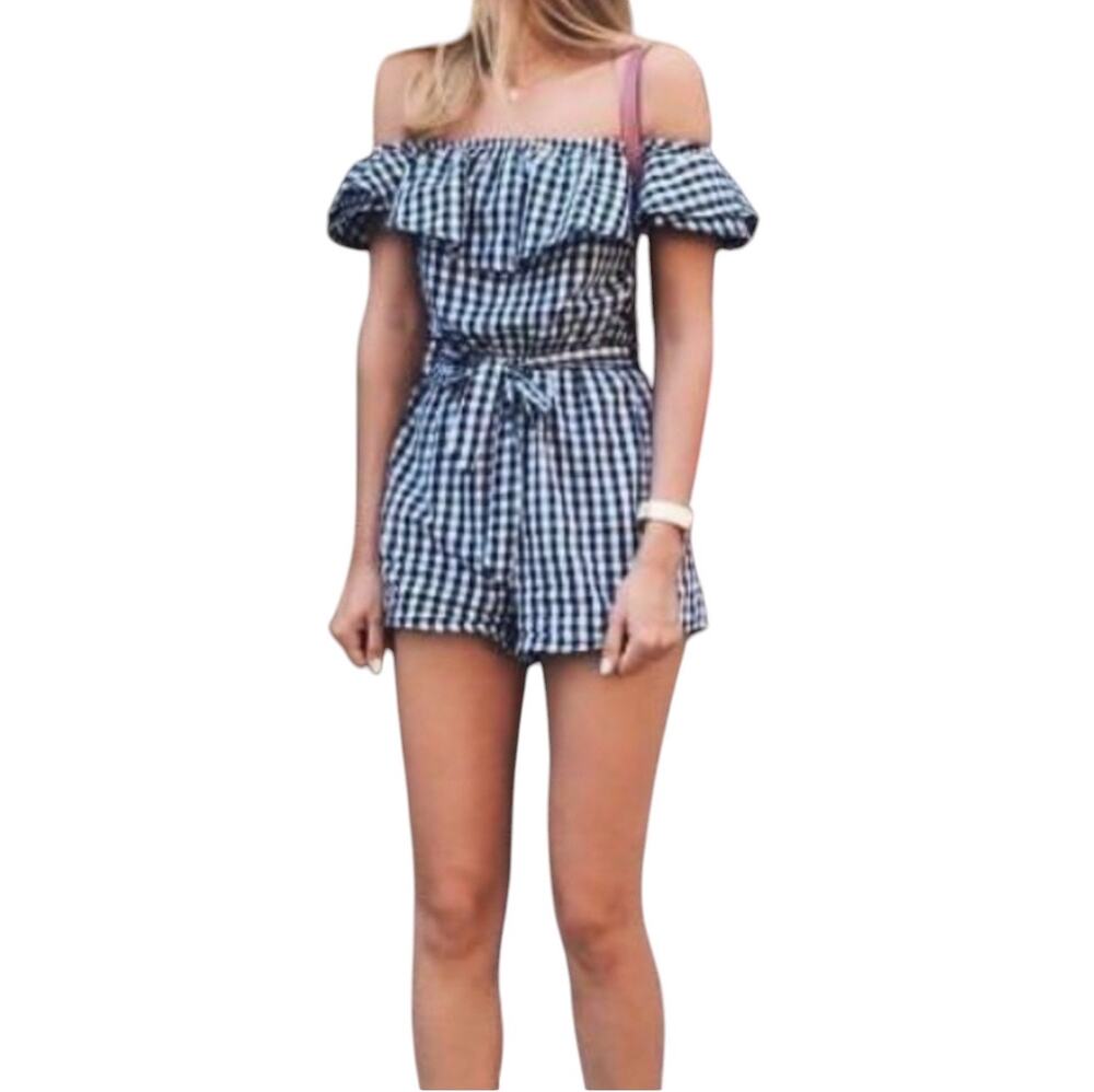 Joy joy Womens navy blue and white plaid gingham romper XS